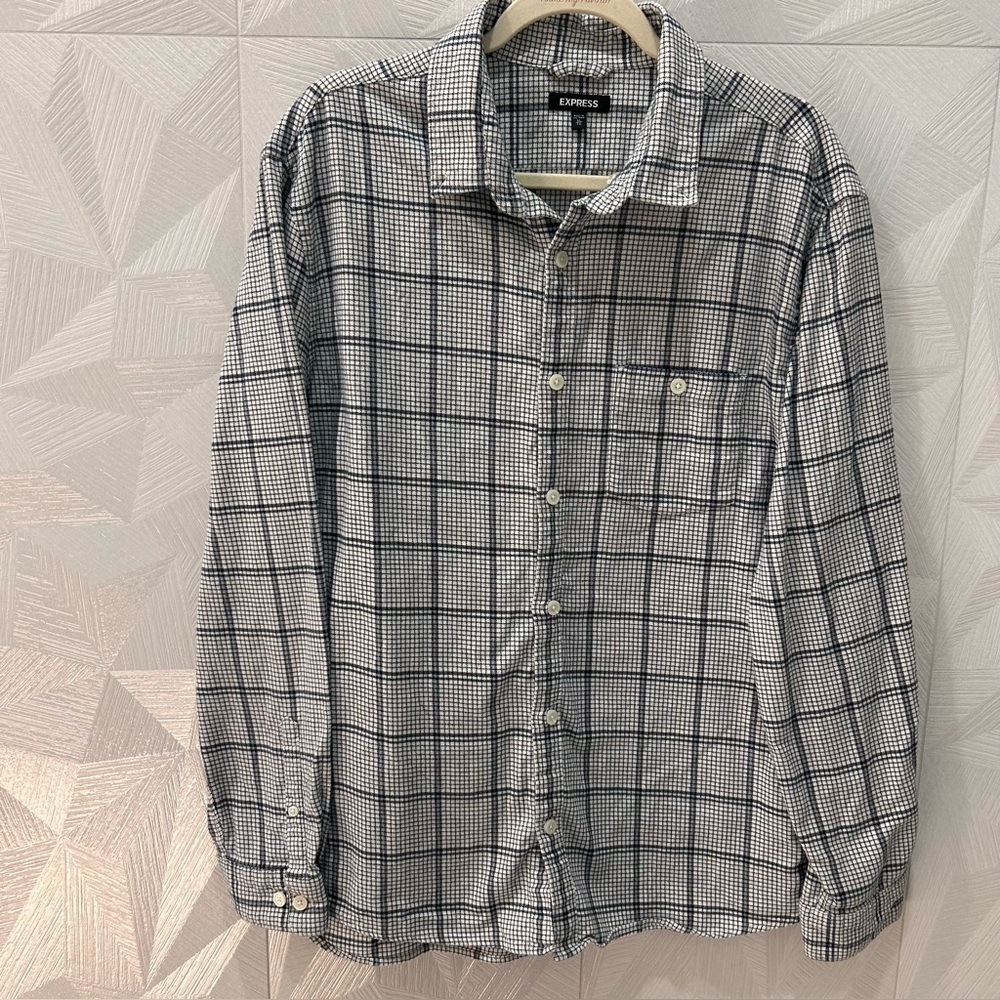 Express men's long-sleeve plaid button down Flannel shirt White Black XL Cotton